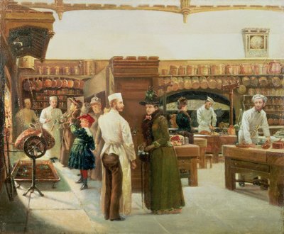 Studie des Innenraums der Küche im Windsor Castle mit einem Besuch der königlichen Familie, 1886 von Frank Watkins